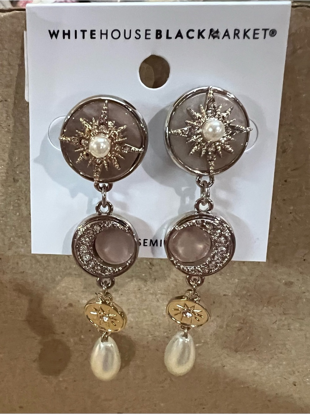 White House Black Market Taupe/Light Pink and Gold Starburst Pearl Drop Earrings